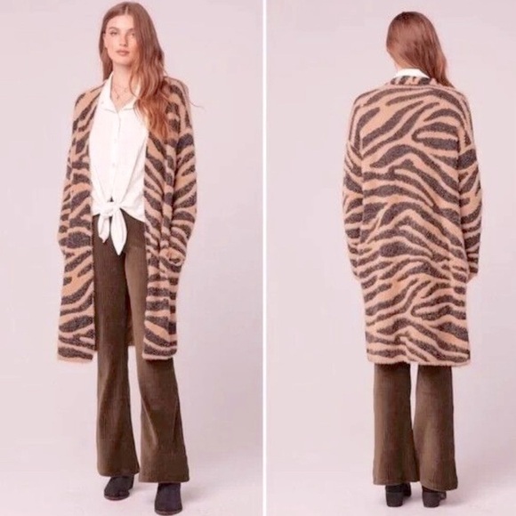 Band Of Gypsies Tiger Print Faux Fur Duster Cardigan Size Large Oversized - Picture 1 of 5